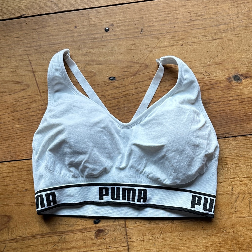 PUMA Women's White Sports Bra with Black Logo Band